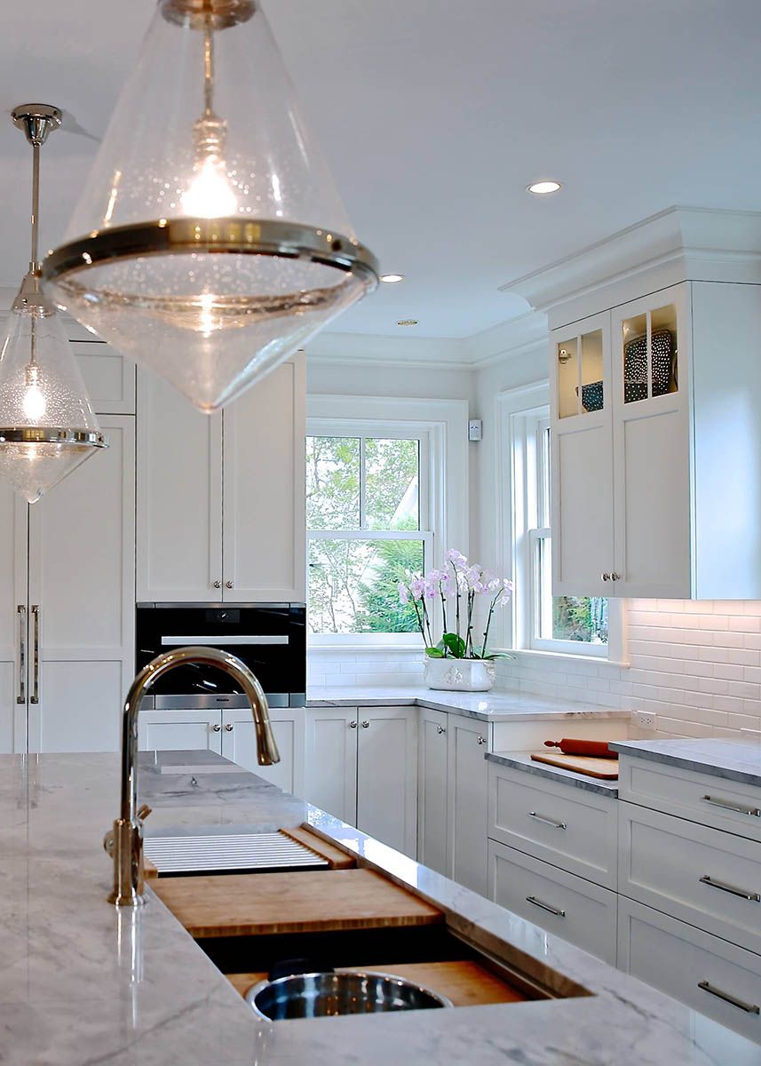 Close-up of Kitchen Island with White Cabinets
