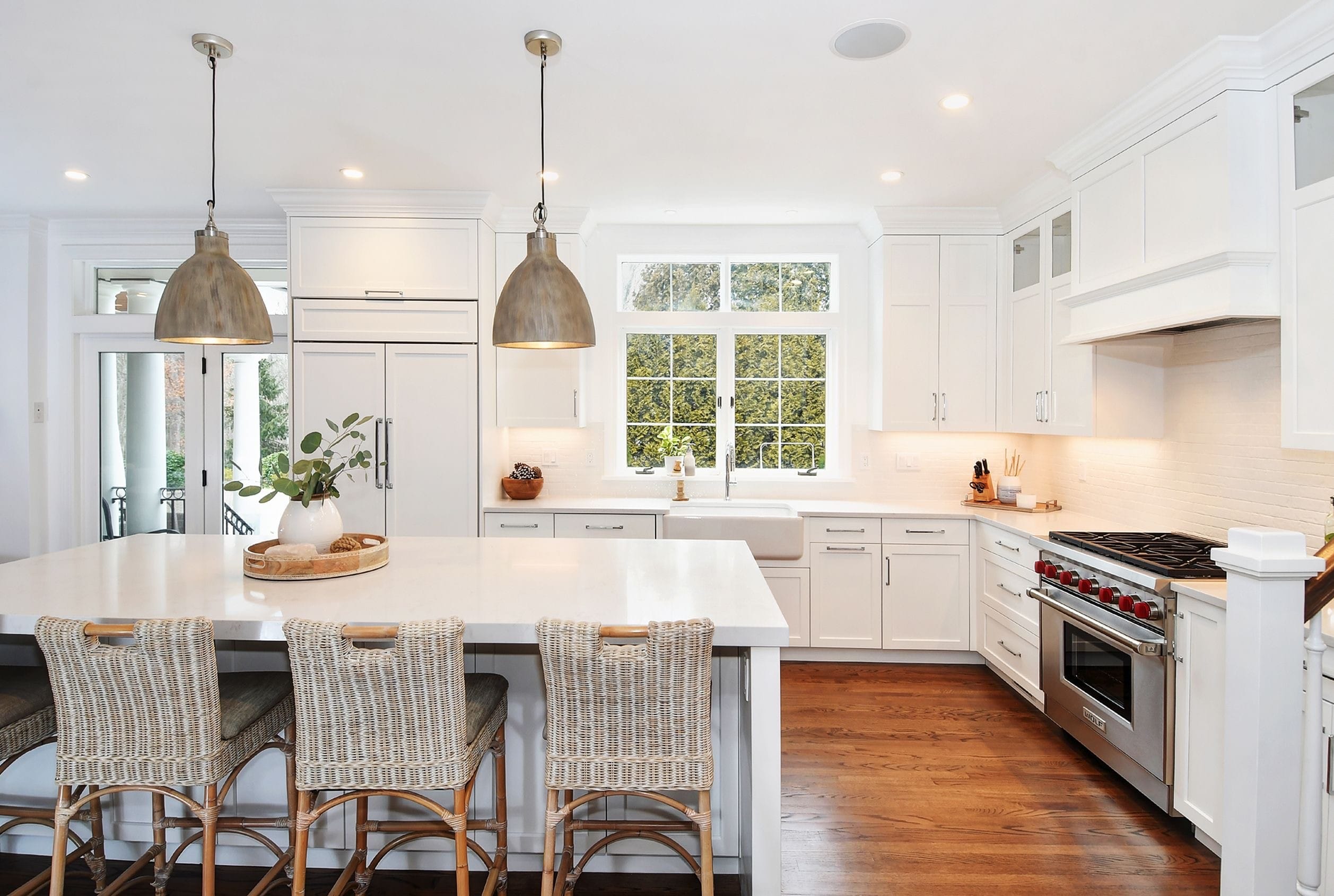 Front View of Kitchen with White Cabinets and Island
