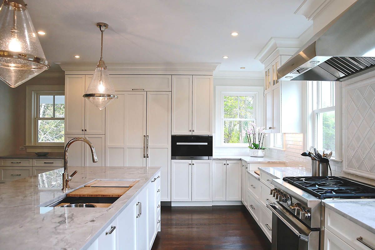 Side View of Kitchen with White Cabinets